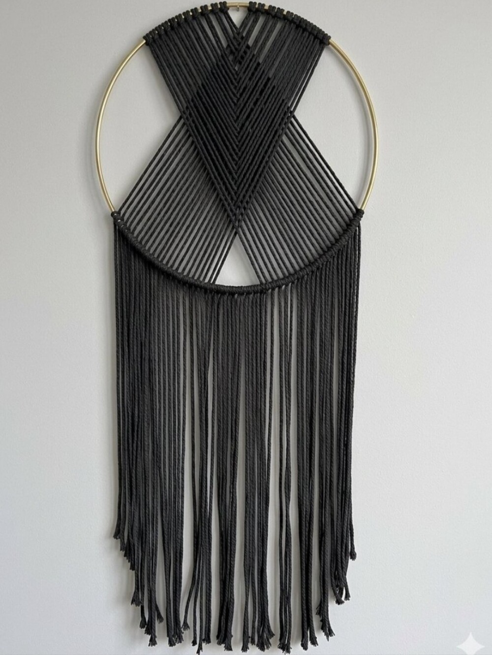 Handmade Macramé Wall Hanging w Gold Hoop Pretty Charcoal Grey
